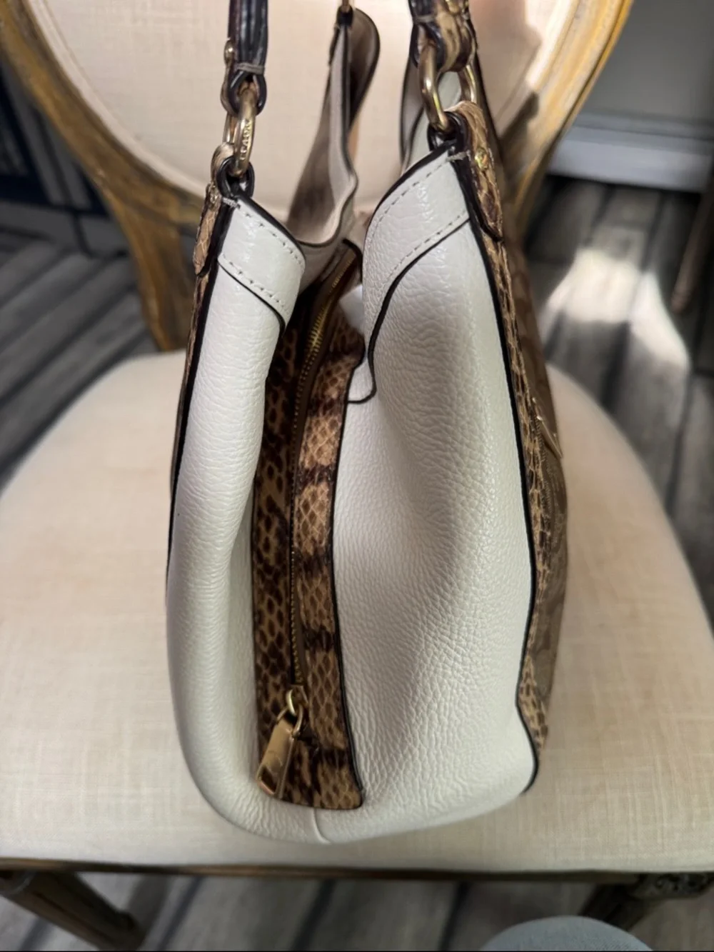Coach Kristy Signature Canvas Shoulder Bag with White Panels & Snakeskin Trim